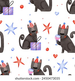 Seamless background with a black cat in a festive cap and with a glass of wine and gifts. Happy birthday. Hand drawn holiday illustration on isolated background
 - Powered by Shutterstock