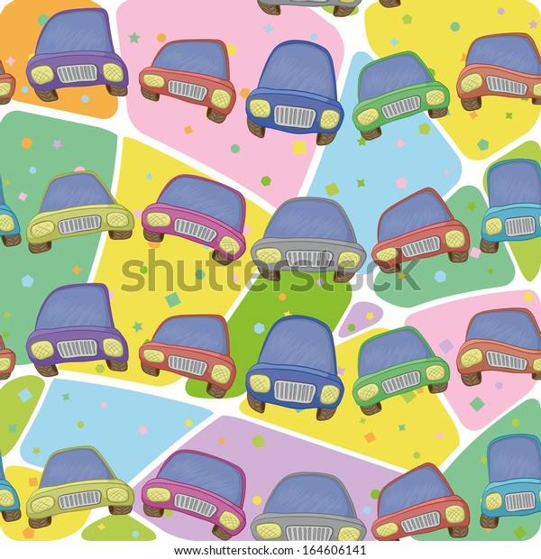 Seamless\
background, cartoon cars and abstract\
pattern.