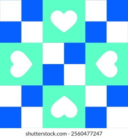 Seamless background of checkerboard pattern, white and blue with heart shape. Simple but fresh for fabric or tile pattern. - Powered by Shutterstock