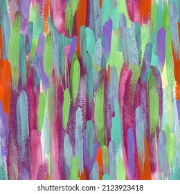 
Seamless background with contrasting strokes of acrylic paint. Bright hand-drawn background. Seamless abstract work with purple, green, burgundy, orange and blue spots. Pattern for fabric.