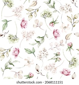 Seamless Background, Floral Pattern With Watercolor Flowers Pink And Burgundy Roses. Repeat Fabric Wallpaper Print Texture. Perfectly For Wrapped Paper, Backdrop.