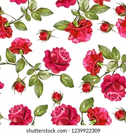 Seamless Background With Flowers And Leaves. Floral Pattern For Wallpaper, Paper And Fabric. Watercolor Hand Drawing Maroon Roses.