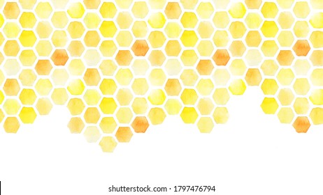 
Seamless Background, Honeycomb Border. Yellow Honeycomb Watercolor Hand Drawing. Isolated On White Background. Pattern For Design, Banner, Place For An Inscription. Cute Drawing Farming, Bee