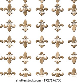 Seamless background with lily fleur de Lis. Gold pattern with heraldic symbol fleur-de-lis on white. Modern abstract pattern. 3D Illustration