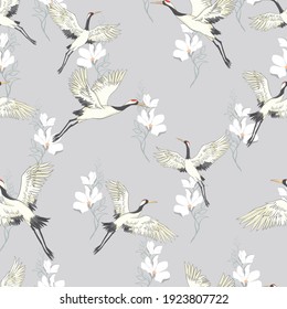 Seamless Background, With Oriental Motifs, Cranes Are Flying, Pattern Illustration Bird Flower.