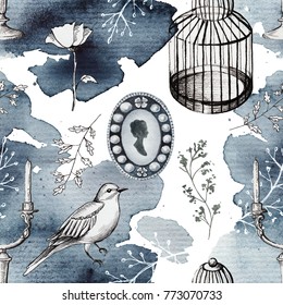 Seamless background pattern with candlestick, bird, twigs, bird's cage, brooch and flowers. Liner graphic and watercolor hand drawn illustration