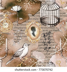 Seamless background pattern with candlestick, bird, twigs, bird's cage, brooch and flowers. Liner graphic and watercolor hand drawn illustration