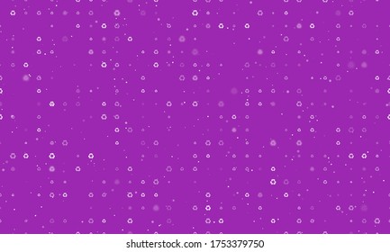 Seamless background pattern of evenly spaced white recycling symbols of different sizes and opacity. Illustration on purple background with stars
