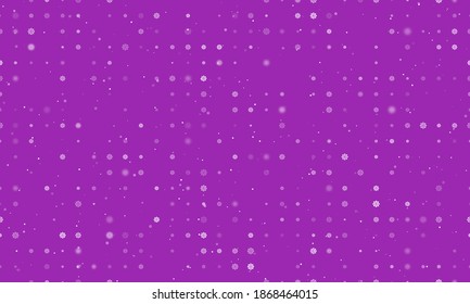 Seamless background pattern of evenly spaced white wheel symbols of different sizes and opacity. Illustration on purple background with stars