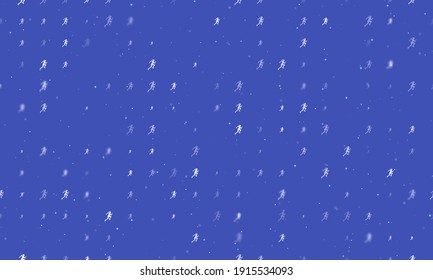 Seamless background pattern of evenly spaced white running woman symbols of different sizes and opacity.  illustration on indigo background with stars