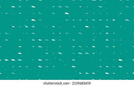 Seamless Background Pattern Of Evenly Spaced White Football Boot Symbols Of Different Sizes And Opacity.  Illustration On Teal Background With Stars