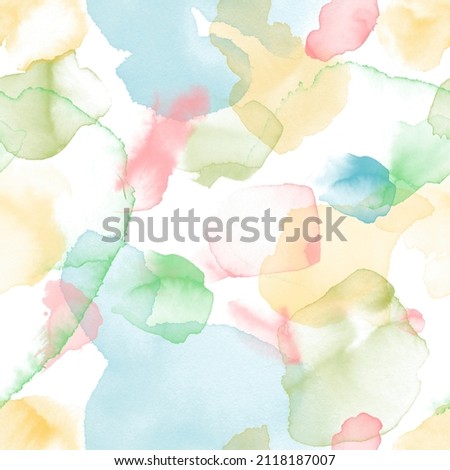 Seamless background pattern with light pink, blue, yellow and green brush and stains painted in watercolor. Watercolor pattern. Handdrawn texture. Abstract dots. Wet handdrawn brush.Template is