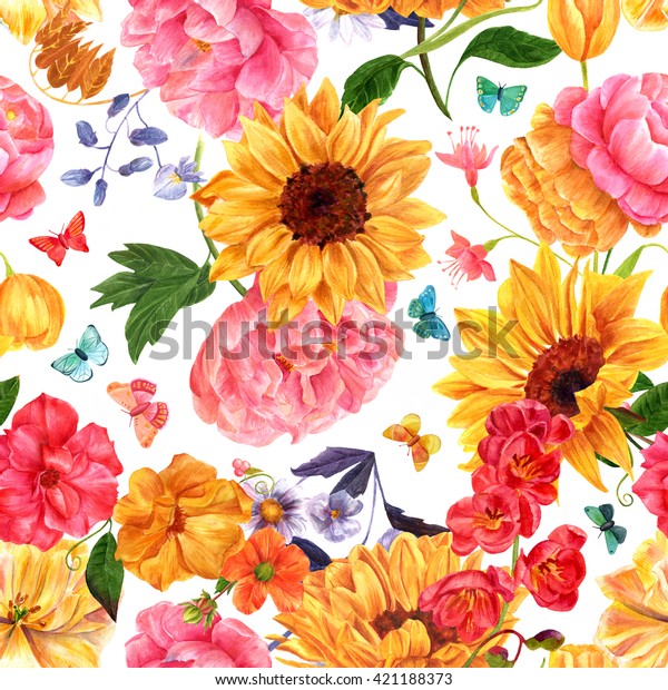 无缝背景图案与许多不同的手绘水彩花 向日葵 牡丹 玫瑰 郁金香等 蝴蝶库存插图
