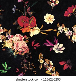 Seamless background pattern. Roses, poppy, cornflower, wild flowers on black. Watercolor, hand drawn.