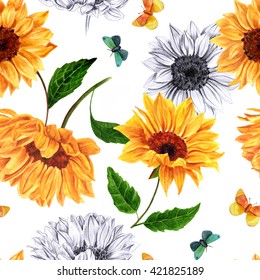 A Seamless Background Pattern With Watercolor And Pencil Drawings Of Sunflowers And Butterflies