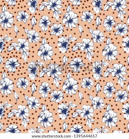 seamless, background polka dots, drawing white flowers pattern print.