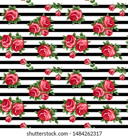 seamless background with red roses and black and white stripes