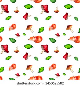 Seamless Background Sleeping Fox Mushrooms Juicy Stock Illustration