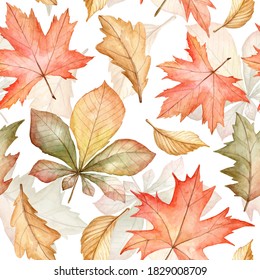 Seamless background with watercolor hand painted autumn wilted leaves