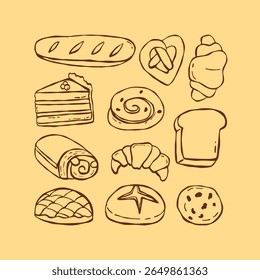 Seamless bakery pattern with various hand drawn breads and pastries including croissants, pretzels, cinnamon rolls, cookies, and cake slices. Perfect for food packaging, bakery branding, or cute kitch