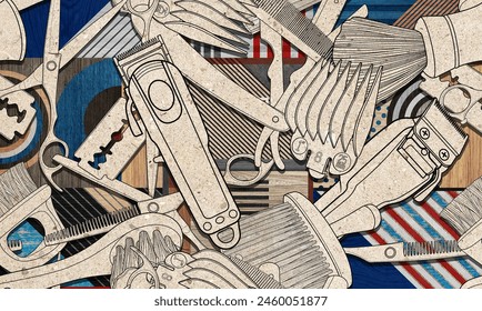 Seamless barber tools pattern illustration wood textured background design for decorate. - Powered by Shutterstock