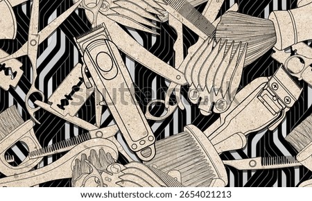 Seamless barber tools pattern illustration mix techniques textured background design for decorate.