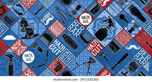 Seamless barber tools vintage blue and red colorful tone icon set logo illustration sign for pattern and blackground. - Powered by Shutterstock