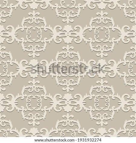 Seamless baroque style damask pattern. Hand drawn beige texture background. Contemporary retro design print for fabric, textile, wallpaper, wrapping paper, packaging. Paper cut art craft, 3d effect.