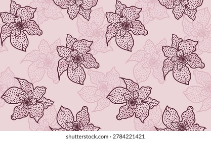 Seamless batik pattern featuring dotted orchid flowers, maroon outlines on a dusty pink background, traditional Indonesian textile style.