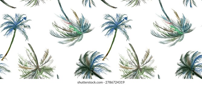 Seamless beach pattern with irregular palm trees painted in watercolor for textiles and design 