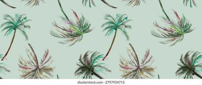Seamless beach pattern with irregular palm trees painted in watercolor for textiles and design 