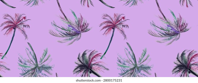 Seamless beach pattern with irregular palm trees painted in watercolor for textiles and design 