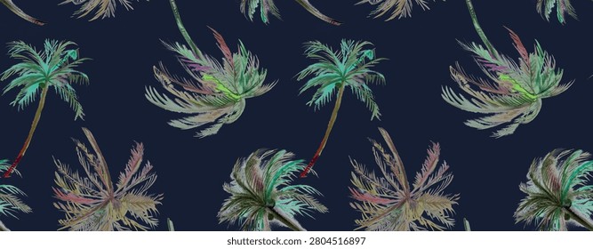 Seamless beach pattern with irregular palm trees painted in watercolor for textiles and design 