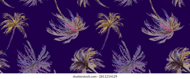 Seamless beach pattern with irregular palm trees painted in watercolor for textiles and design 