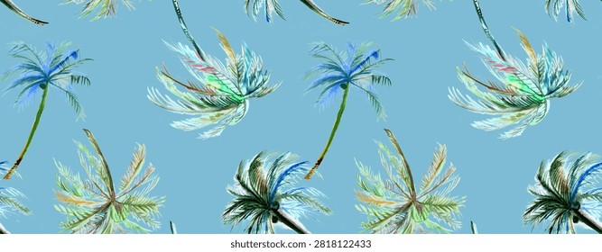 Seamless beach pattern with irregular palm trees painted in watercolor for textiles and design 