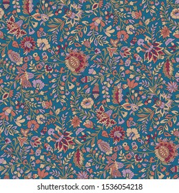 Seamless Beautiful Cute Vintage Floral Paisley Pattern On Blue Background