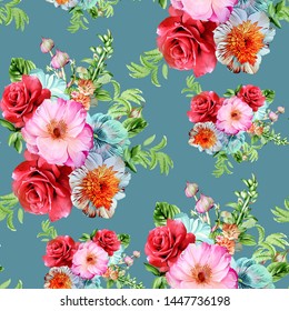 seamless beautiful watercolor botanical red  rose flower with leaves bunch pattern on green background