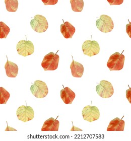 Seamless Birch Leaves Fall Pattern. Watercolor Background With Red And Yellow Autumn Leaf For Textile, Wallpapers, Decor