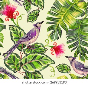 Seamless Birds Pattern. Blue Jay Bird, Banana Leaves, Calathea Ficus, And Exotic Flower In Textile Allover Design.  Detailed Botanical Illustrations. 