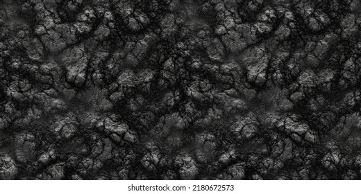 Seamless Black Volcanic Ash And Dried Molten Lava Rock Background Texture. Tileable Black Coal And Soot Surface Pattern Backdrop. Apocalypse, Drought, Energy Or Global Warming Concept 3D Rendering
