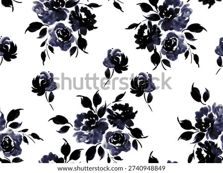Seamless black and white flowers pattern. Watercolor floral pattern background