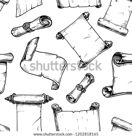 Seamless black and white pattern with different vintage scroll. illustration in vintage engraved style.