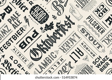 Seamless black and white pattern with types of beer and hand drawn lettering for Beer Festival. Vintage drawing for placemat, bar menu, t-shirt print and beer themes. Illustration