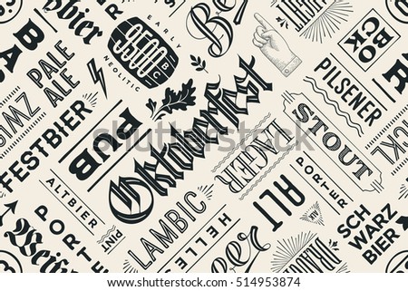 Seamless black and white pattern with types of beer and hand drawn lettering for Beer Festival. Vintage drawing for placemat, bar menu, t-shirt print and beer themes. Illustration
