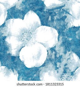 Seamless Blue Ink Pen Crosshatch Floral Pattern. High Quality Flower Illustration. Draft Sketch Like Graphic Design. Pencil Or Pen Ink Drawing With Realistic Smudges. Seamless Repeat Raster Design.