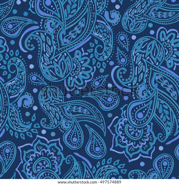 Seamless Blue Paisley Pattern On Dark Stock Illustration 497574889 ...