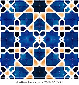 Seamless blue tile pattern with yellow gold lattice geometry. Traditional ceramic flooring tiles. mosaic art islamic design for wall background textile digital repeat print wall art bg repeating grid