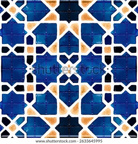 Seamless blue tile pattern with yellow gold lattice geometry. Traditional ceramic flooring tiles. mosaic art islamic design for wall background textile digital repeat print wall art bg repeating grid