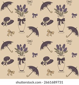 Seamless boho pattern with lavender in vases, vintage hats, lace umbrellas and bows on beige background. Feminine romantic design for retro-themed projects.