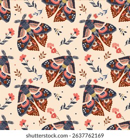 Seamless boho-style pattern featuring hand-drawn decorative moths with detailed wings and floral elements.Ideal for fabric design, wallpaper, stationery, kids' apparel, scrapbooking

